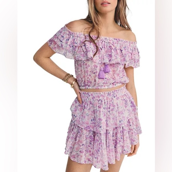 LoveShackFancy Dorin Off-the-Shoulder Crop Top in Purple Iris - Picture 2 of 7